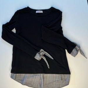 Bailey 44 Black Sweater with layered look plaid details Sz XS